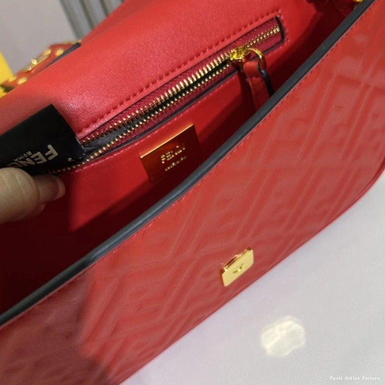 Vintage HOT Leather In Baguette FF Fendi Midi Motif Red Nappa Bag Chain 0710